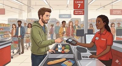 A supermarket checkout scene