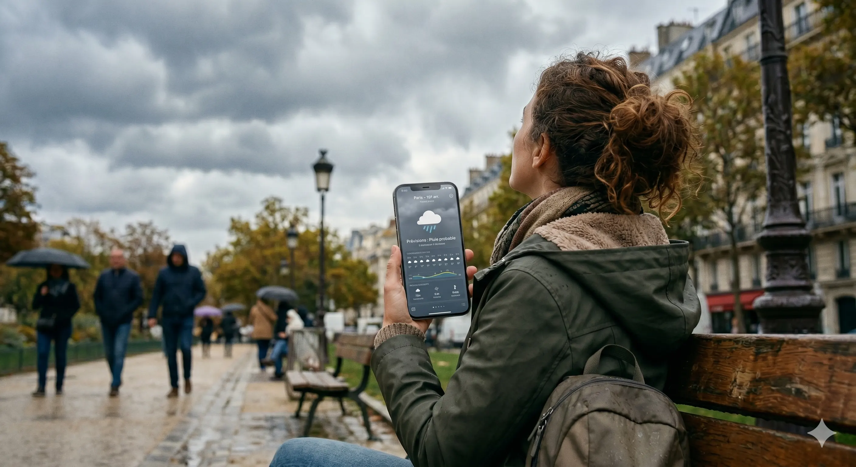 Frau auf einer Pariser Bank unter Regen, mit Wetter-App auf dem Smartphone