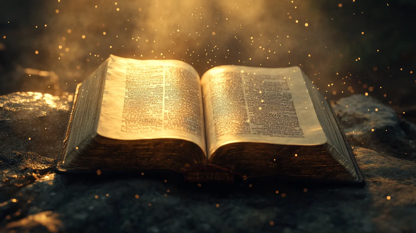 Biblia antigua abierta con una luz dorada radiante y partículas luminosas