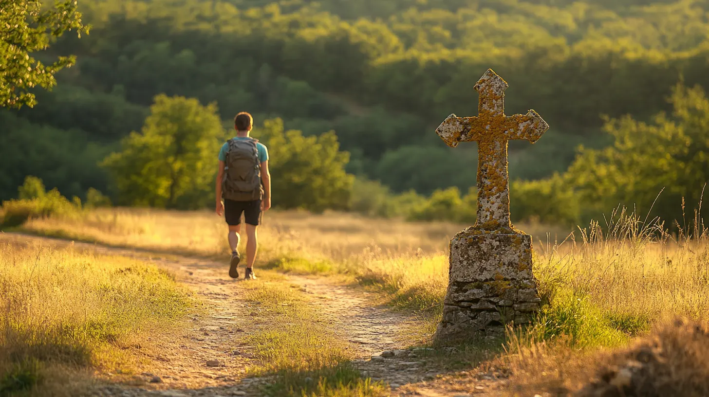 Wanderer von hinten auf einem Landweg, der an einem mit Flechten bedeckten Steinkreuz vorbeigeht