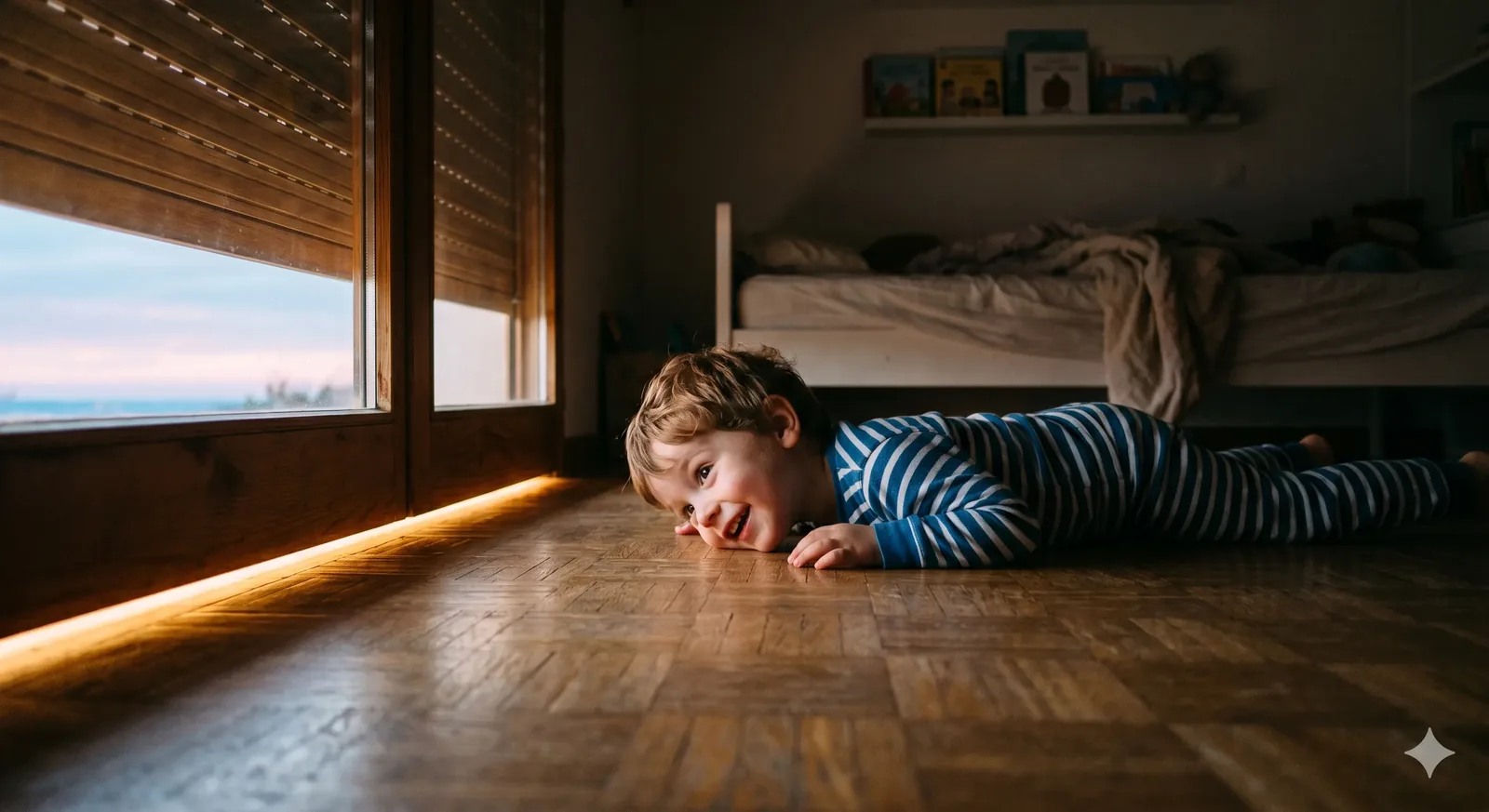 Uma criança pequena de pijama às riscas azuis e brancas, deitada num soalho de madeira, com a bochecha encostada à madeira, a sorrir enquanto observa uma fita de luz dourada que se insinua sob uma persiana, diante de uma janela que dá para um céu de amanhecer