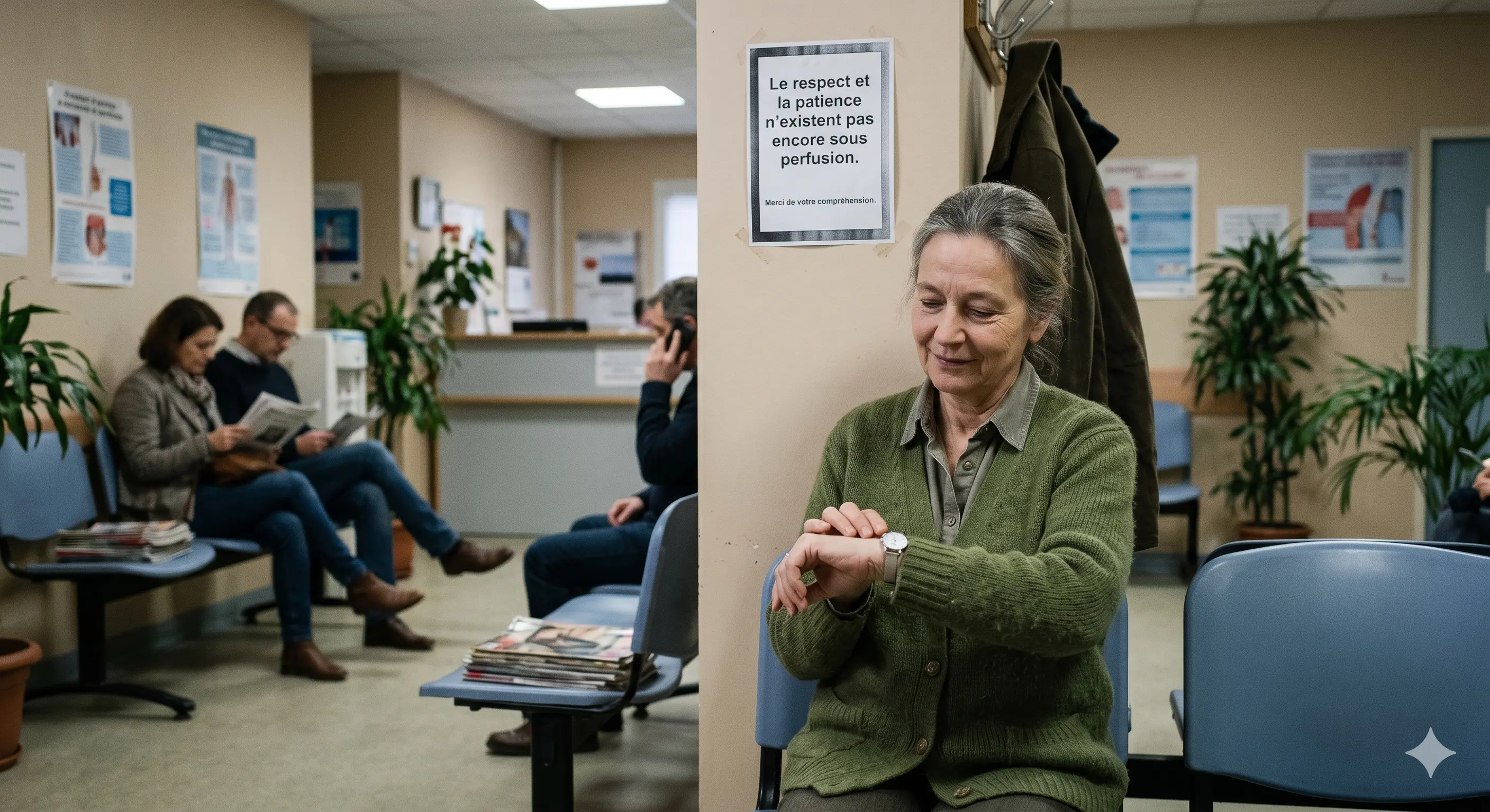 Salle d'attente d'un cabinet médical : une femme en gilet vert consulte sa montre en souriant légèrement ; au-dessus d'elle, une affichette annonce « Le respect et la patience n'existent pas encore sous perfusion ». En arrière-plan, d'autres patients patientent, l'un lisant un journal.