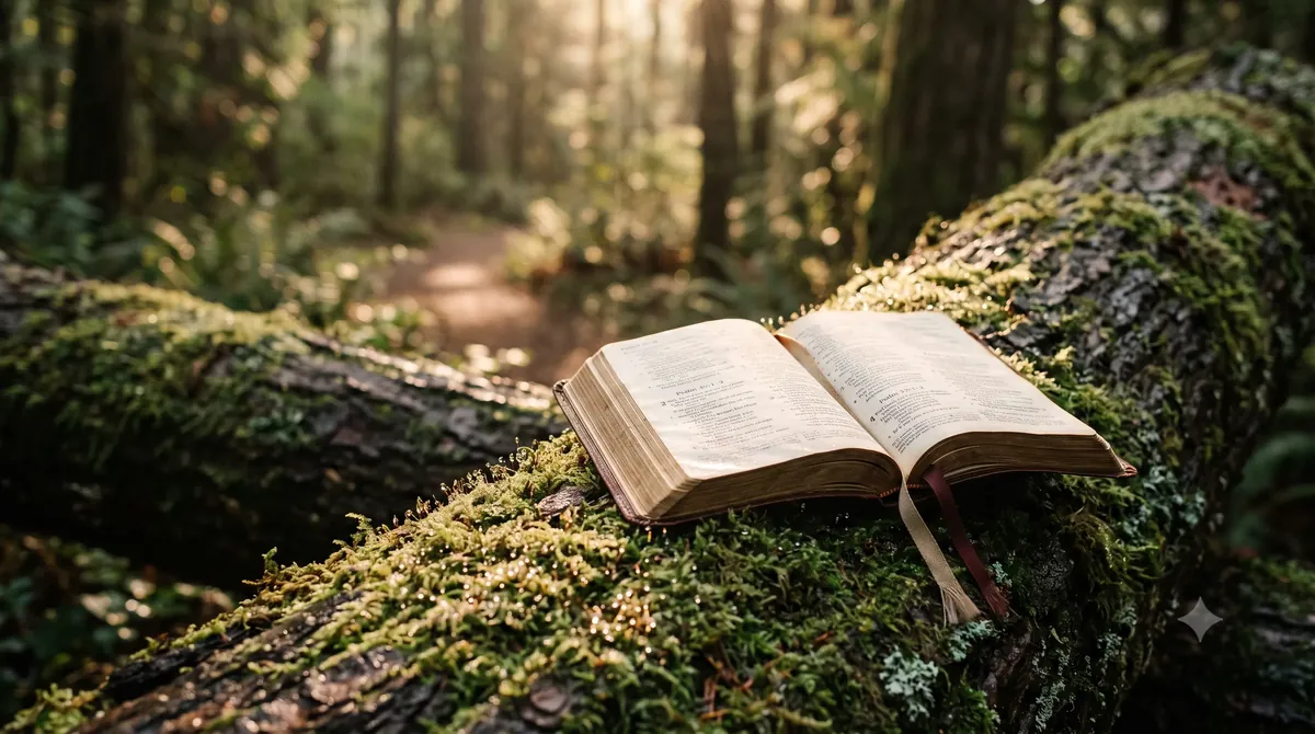 Eine aufgeschlagene Bibel auf einem moosbewachsenen Baumstamm, in einem von goldenem Licht durchfluteten Wald, ein Pfad, der sich im unscharfen Hintergrund verliert