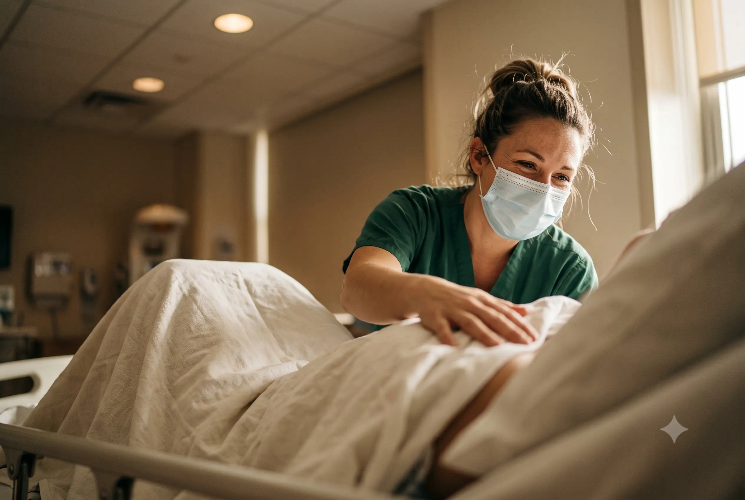 Uma enfermeira de uniforme verde, de máscara, inclina-se sobre uma cama de hospital e ajeita com suavidade o lençol branco de um paciente, sob a luz dourada de uma janela.