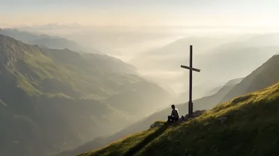 A wooden cross at a mountain summit