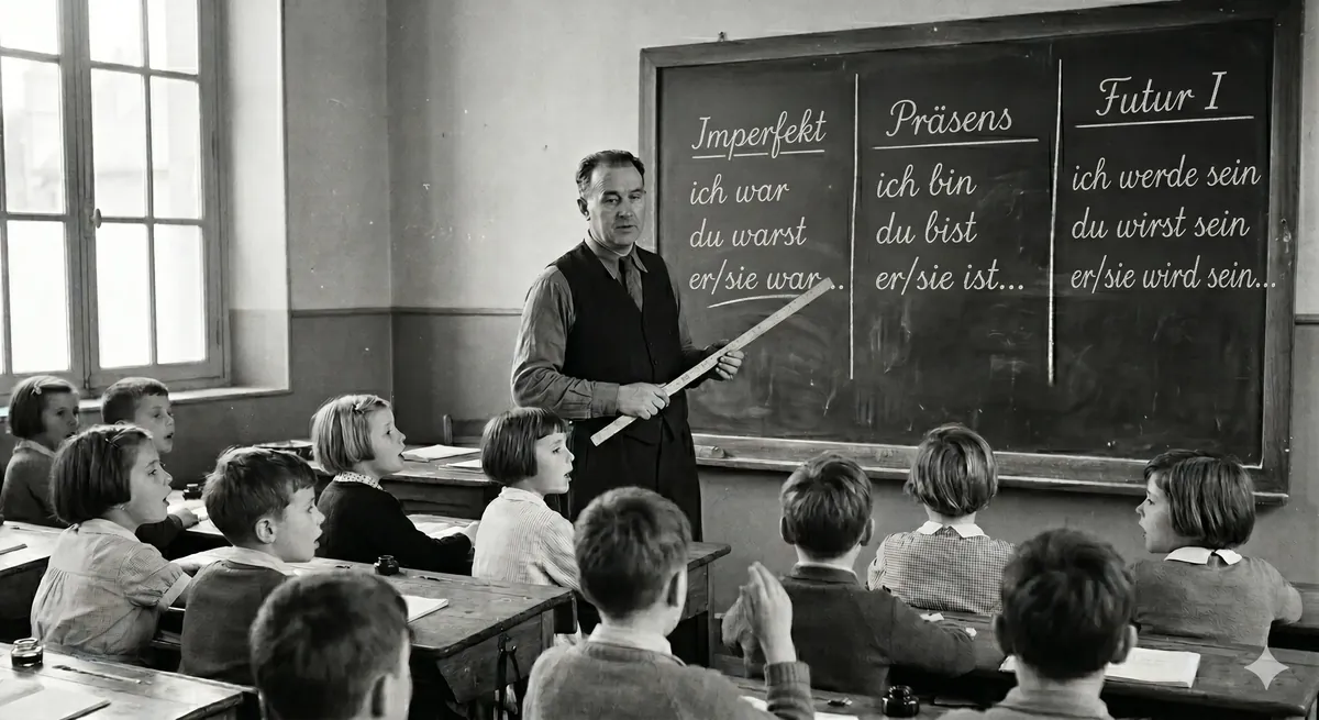 Eine Schultafel, auf der ein Lehrer mit einem langen Holzlineal drei Kreidespalten des Verbs sein gezogen hat: Vergangenheit (ich war…), Gegenwart (ich bin…) und Zukunft (ich werde sein…).