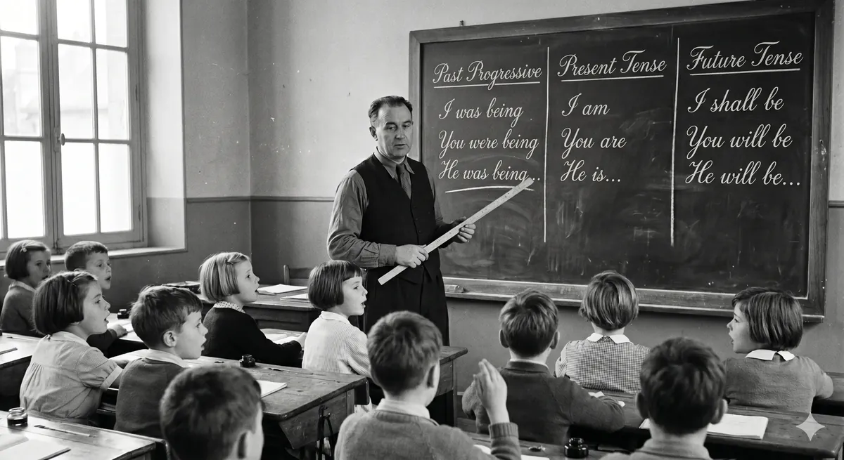 A school blackboard where a schoolmaster, a long wooden ruler in hand, has drawn in chalk three columns of the verb to be: the past (I was…), the present (I am…) and the future (I will be…).