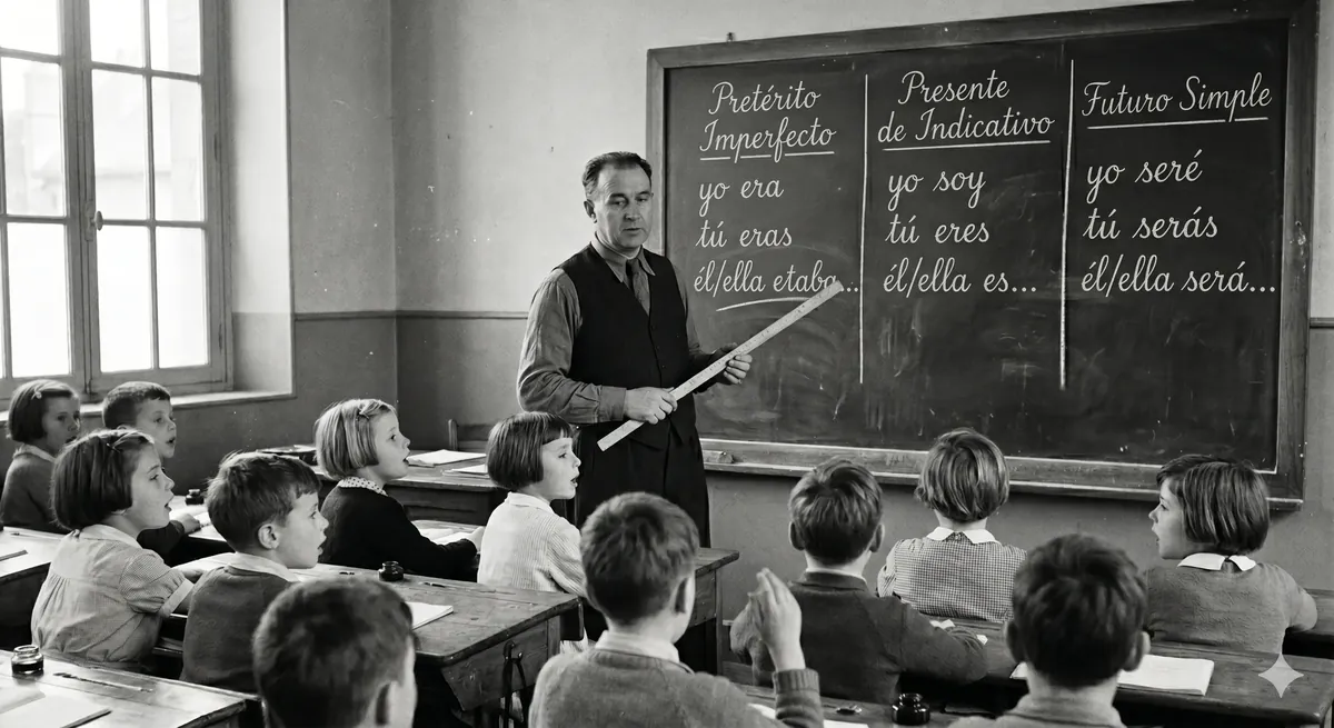 Una pizarra escolar donde un maestro, con una larga regla de madera, ha trazado con tiza tres columnas del verbo ser: el pasado (yo era…), el presente (yo soy…) y el futuro (yo seré…).