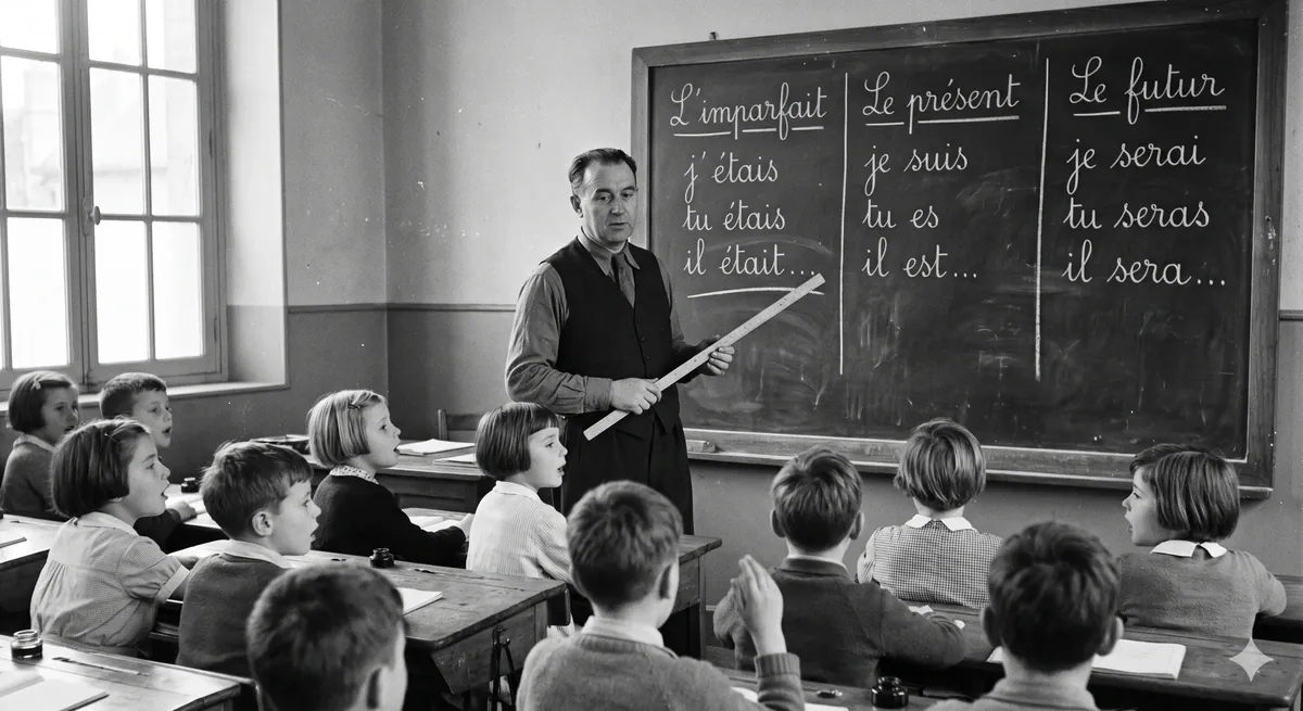 Un tableau noir d'école où un instituteur, longue règle de bois à la main, a tracé à la craie trois colonnes du verbe être : l'imparfait (j'étais…), le présent (je suis…) et le futur (je serai…).
