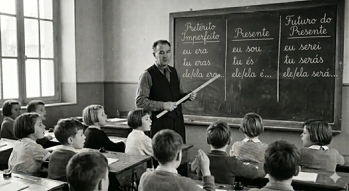 Um quadro-negro escolar onde um professor, com uma longa régua de madeira, traçou a giz três colunas do verbo ser: o passado (eu era…), o presente (eu sou…) e o futuro (eu serei…).