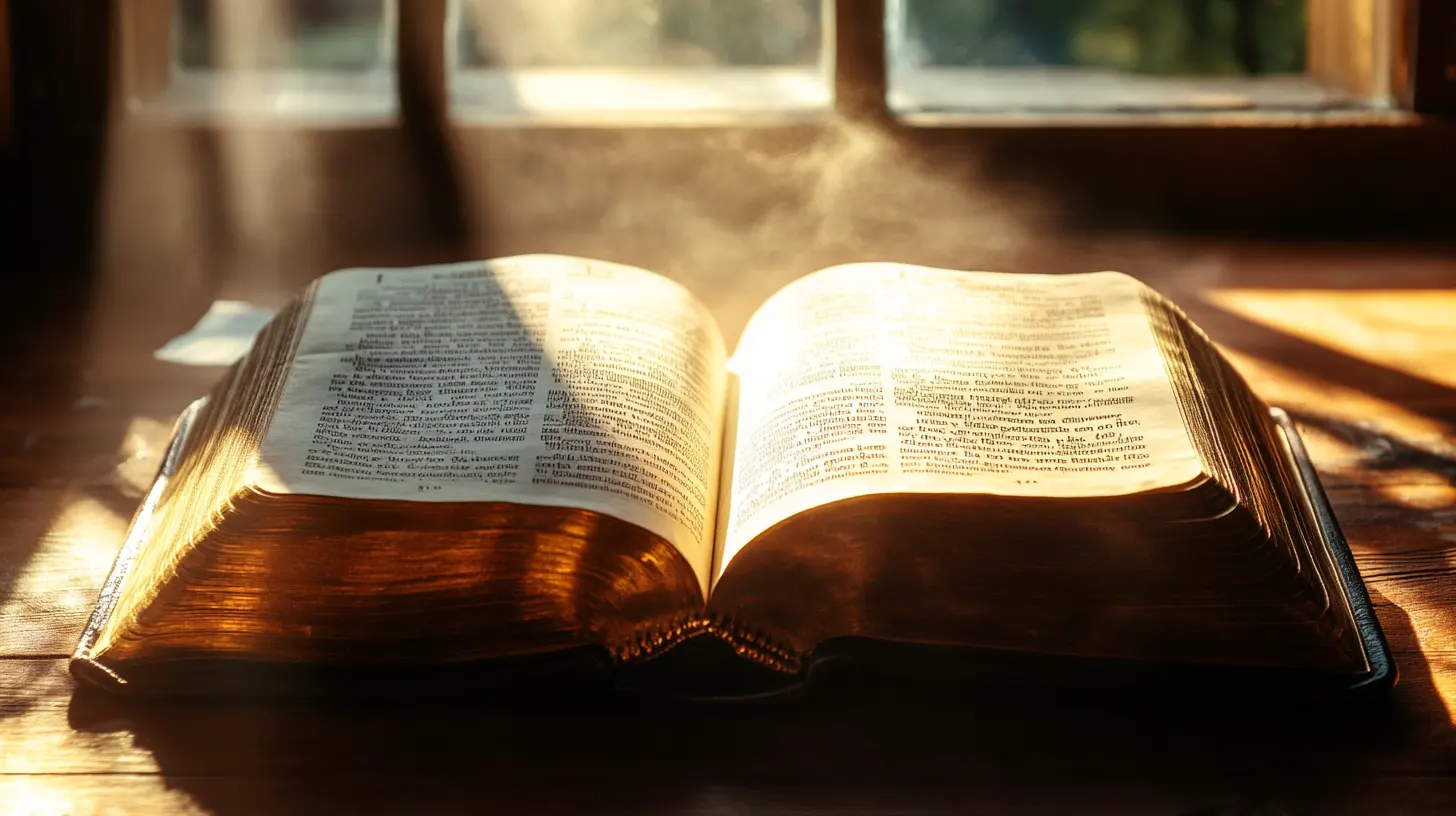 Une Bible ouverte baignée dans la lumière dorée du matin