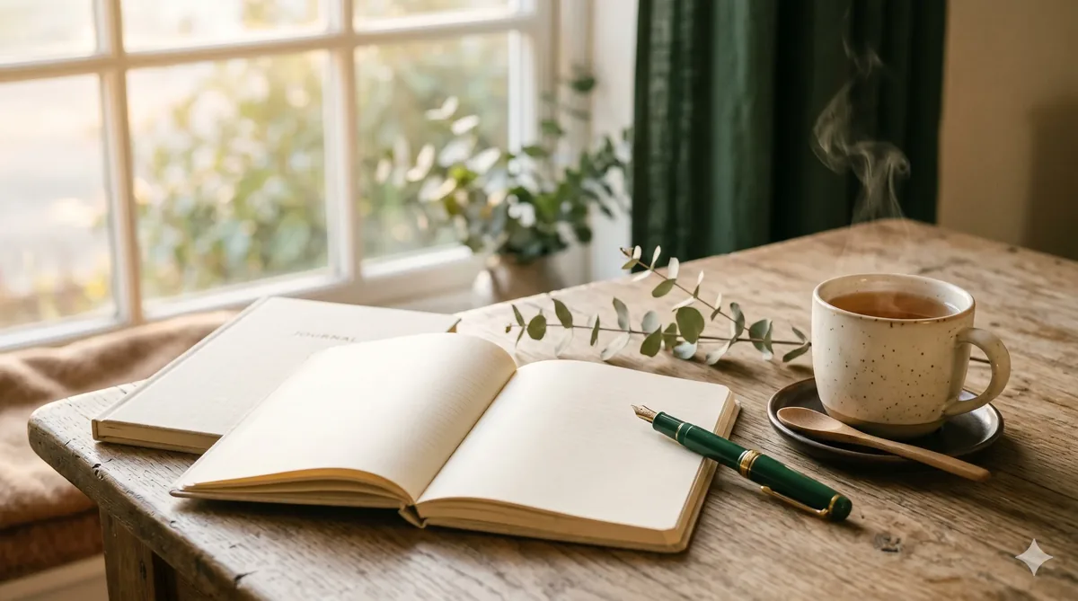 Open notebook, pen and a cup of tea on a wooden table in soft Monday-morning light