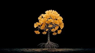 A Ginkgo biloba tree with its fan-shaped leaves — a living image of deep roots and resilient life