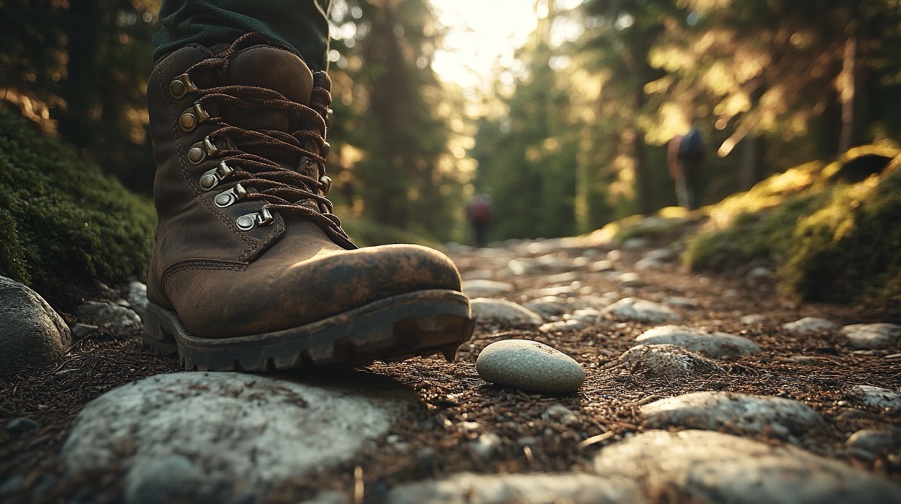 A hiking boot on a rocky forest path