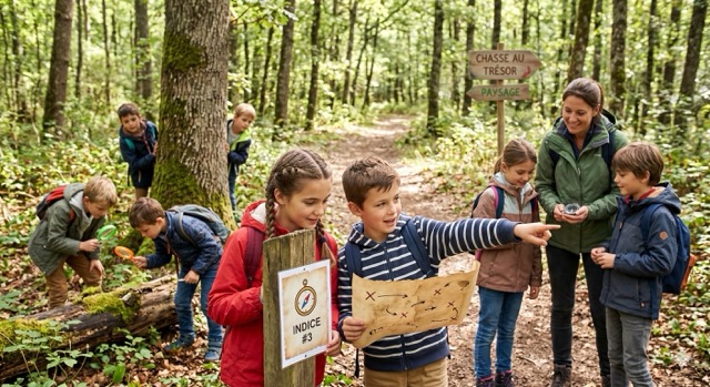 Children on a forest trail, looking for clues during a treasure hunt
